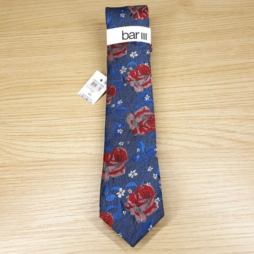 BAR III Mens Neck Tie Blue Floral Roses Slim Pointed Woven Textured Silk Blend